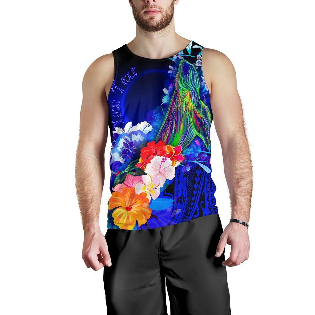 Vanuatu Custom Personalised Men's Tank Top - Humpback Whale with Tropical Flowers (Blue) - Polynesian Pride