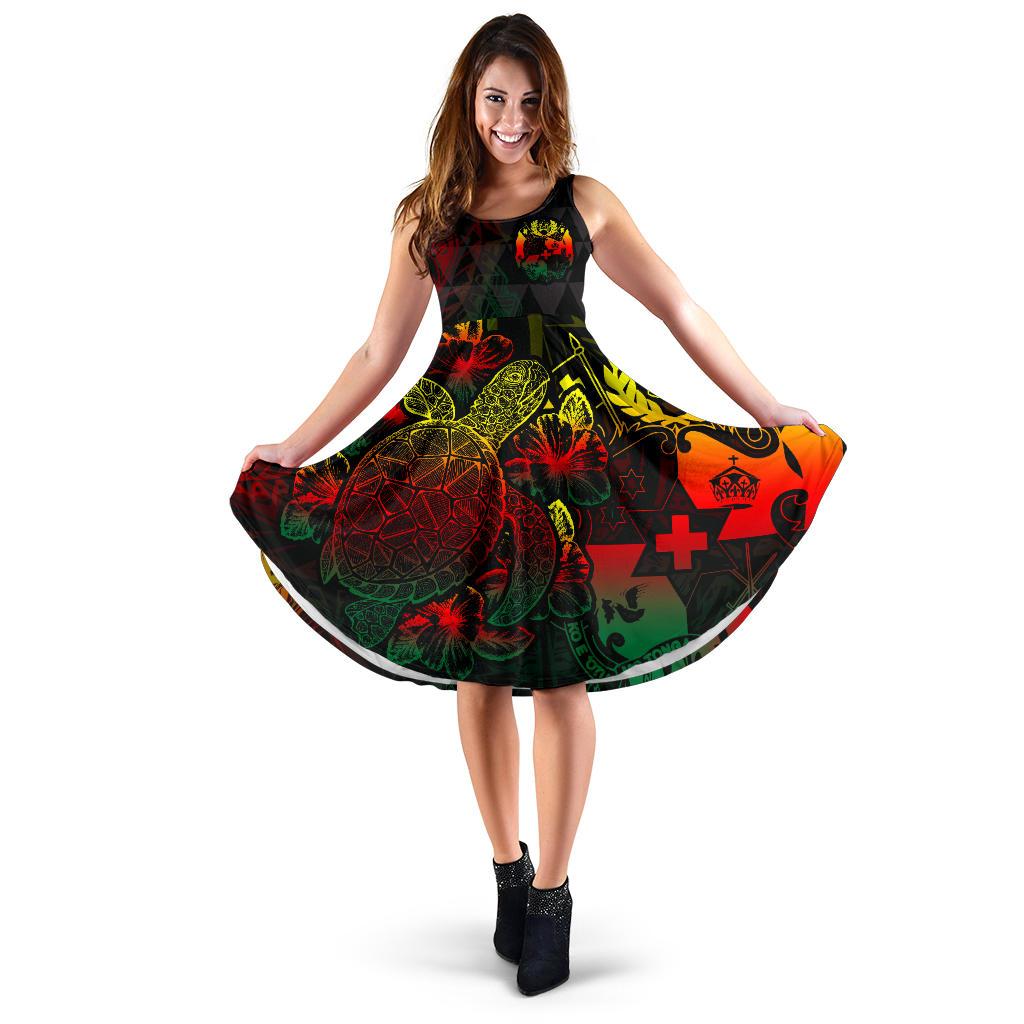 Tonga Polynesian Midi Dress - Turtle Hibiscus Reggae Women Reggae - Polynesian Pride