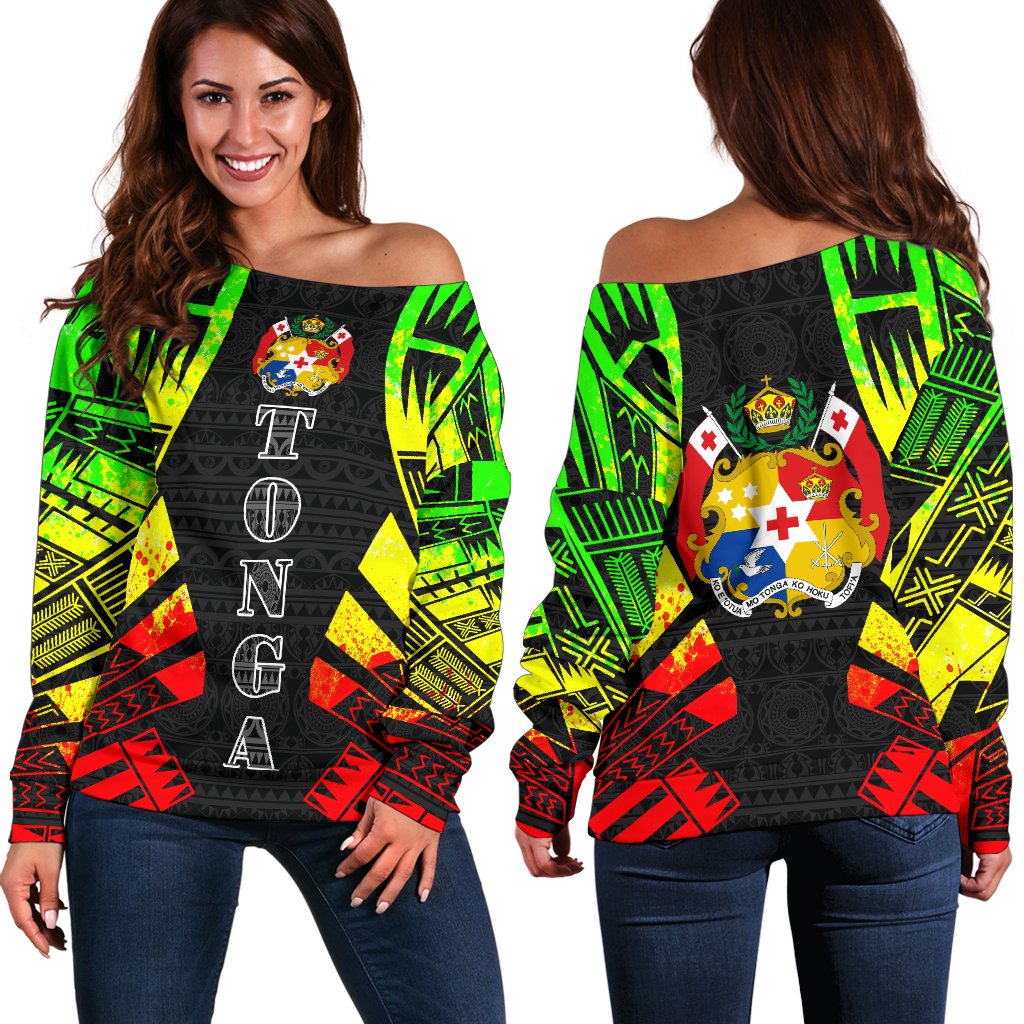 Tonga Women's Off Shoulder Sweater - Polynesian Tattoo Reggae Art - Polynesian Pride