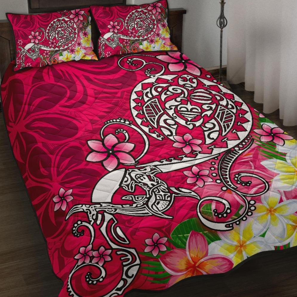 Polynesian Quilt Bed Set - Turtle Plumeria Pink Color Art - Polynesian Pride