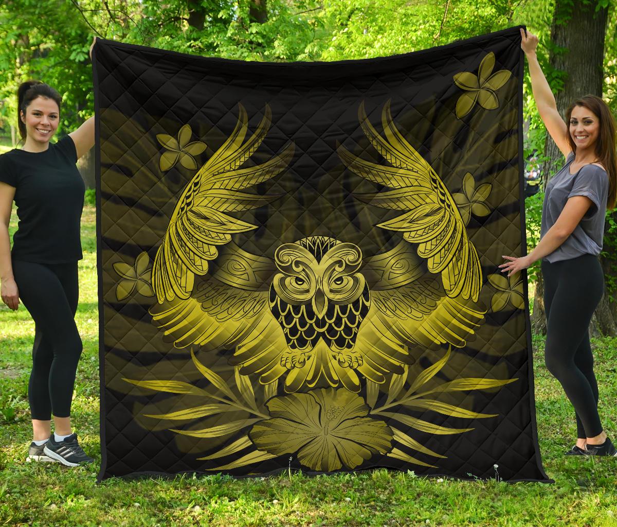 Hawaii Owl Hibiscus Plumeria Premium Quilt - Yellow Yellow - Polynesian Pride