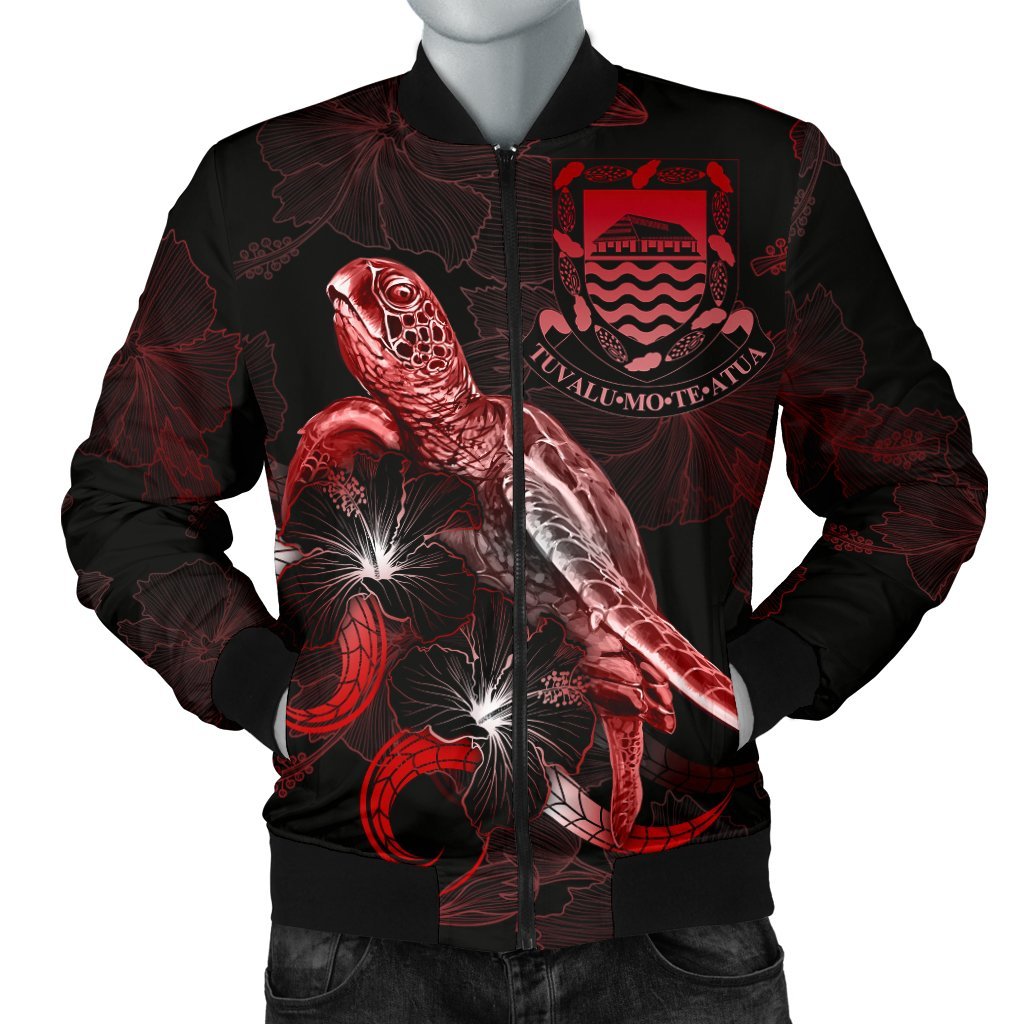 Tuvalu Polynesian Men's Bomber Jacket - Turtle With Blooming Hibiscus Red Red - Polynesian Pride