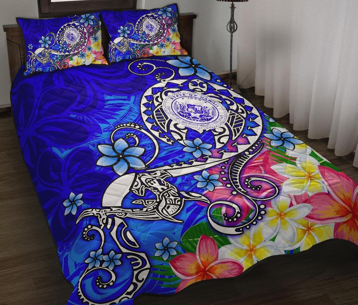 Hawaii Polynesian Quilt Bed Set - Hawaii Seal With Turtle Plumeria (Blue) Blue - Polynesian Pride