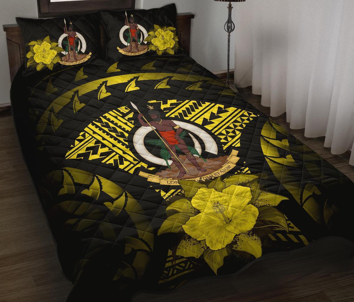 Vanuatu Polynesian Quilt Bed Set Hibiscus Yellow Black - Polynesian Pride