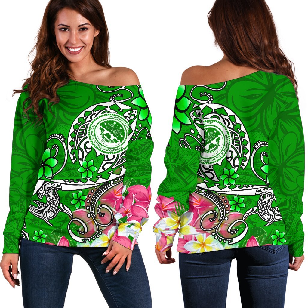 FSM Women's Off Shoulder Sweater - Turtle Plumeria (Green) Green - Polynesian Pride