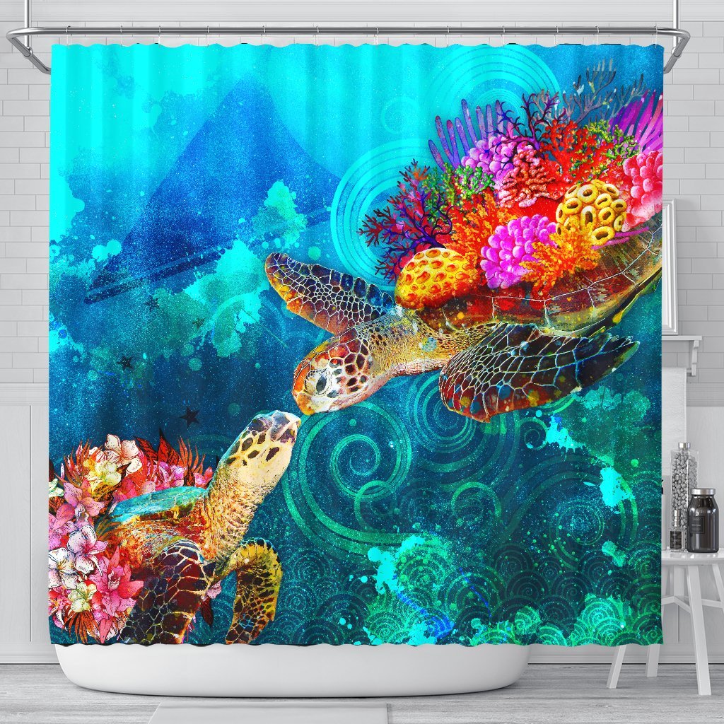 Tokelau Shower Curtain - Sea Turtle Coral Treasure 177 x 172 (cm) BLACK - Polynesian Pride