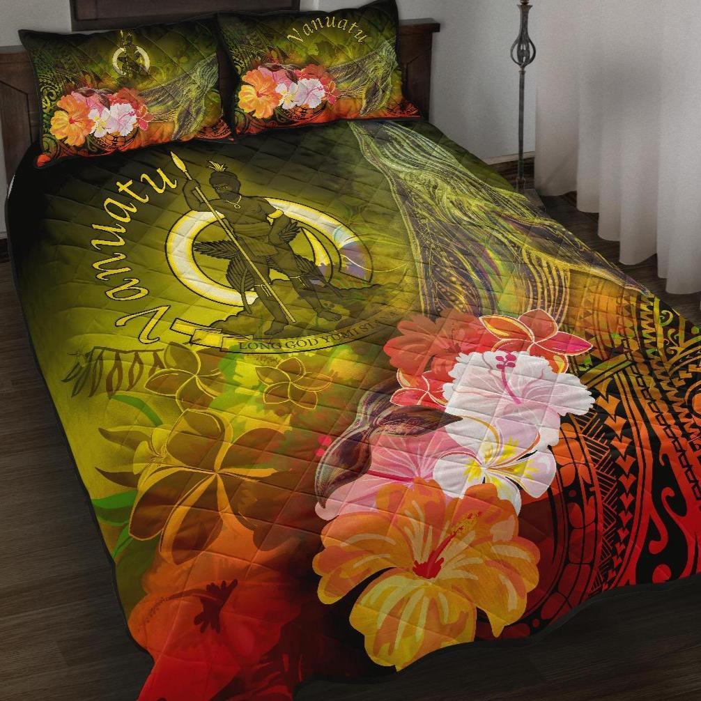 Vanuatu Quilt Bed Set - Humpback Whale with Tropical Flowers (Yellow) Yellow - Polynesian Pride