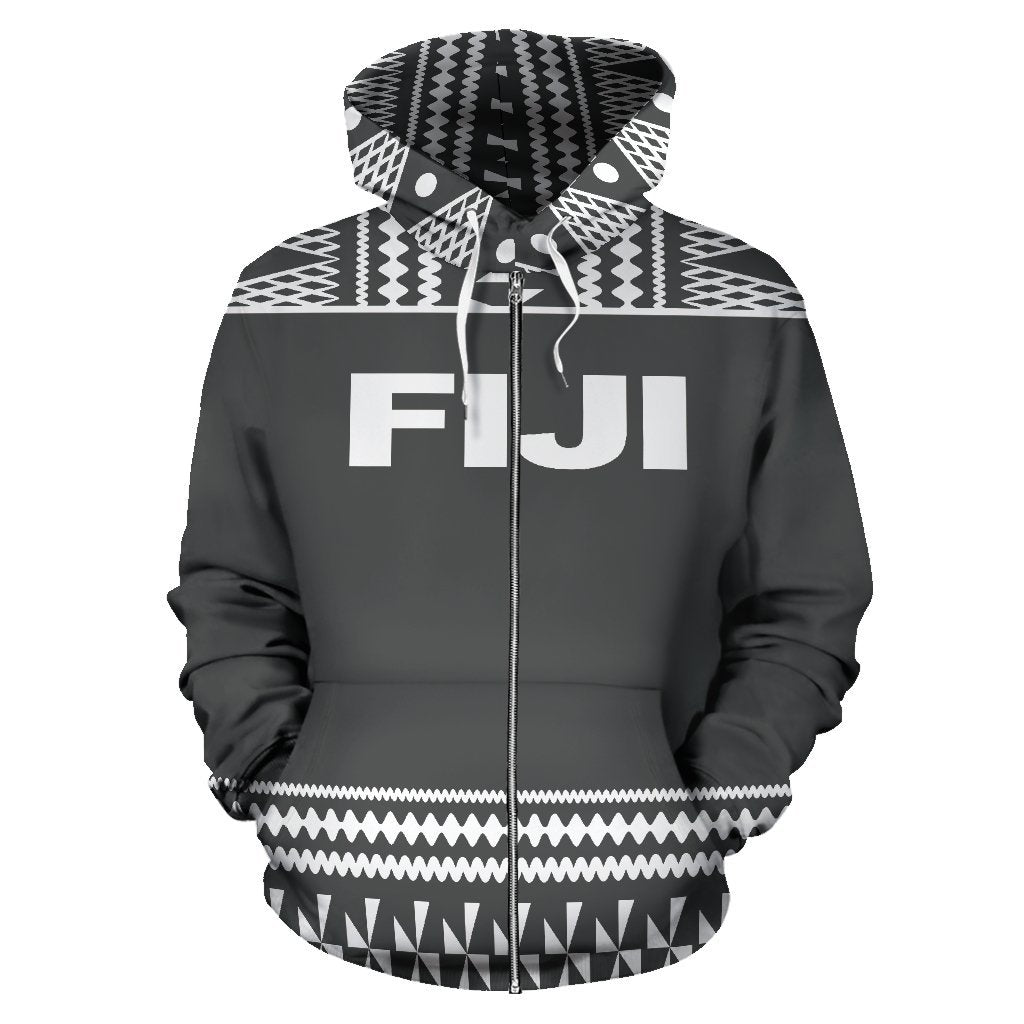 Fiji Tapa All Over Zip up Hoodie Grey and White Version - Polynesian Pride
