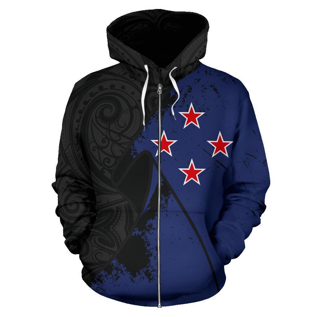 New Zealand Maori Hoodie, New Southern Cross Flag Full Zip Hoodie Unisex Black - Polynesian Pride