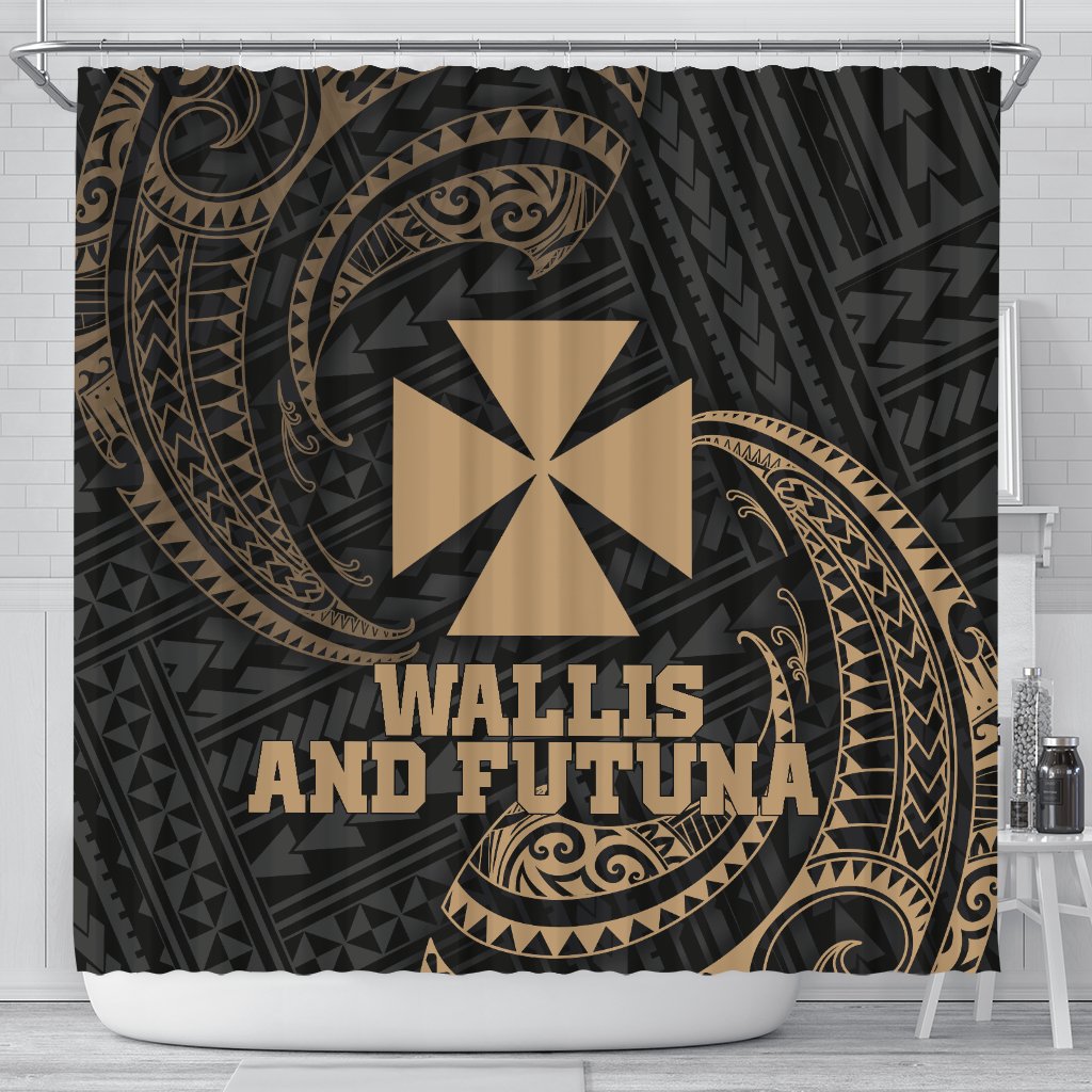 Wallis and Futuna Polynesian Shower Curtain - Gold Tribal Wave 177 x 172 (cm) Black - Polynesian Pride