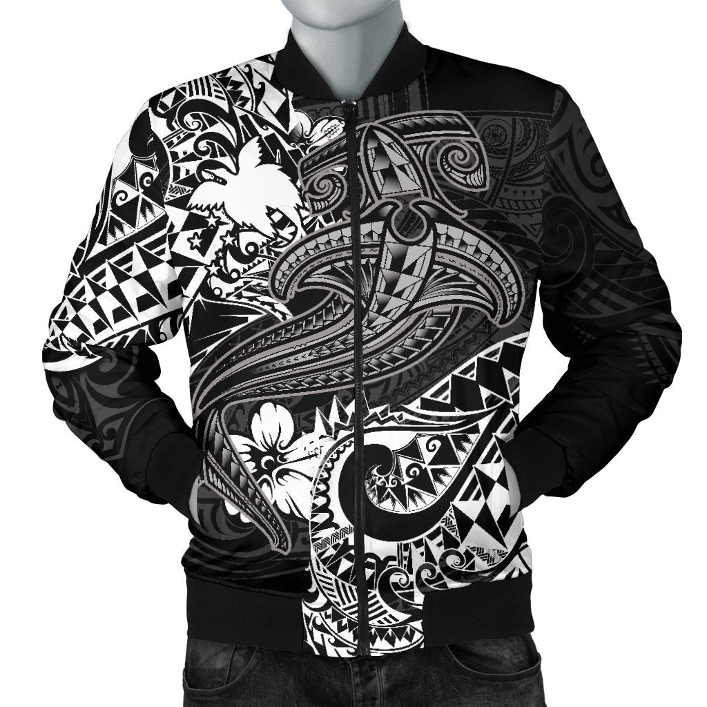 Papua New Guinea Men's Bomber Jacket - White Shark Polynesian Tattoo White - Polynesian Pride