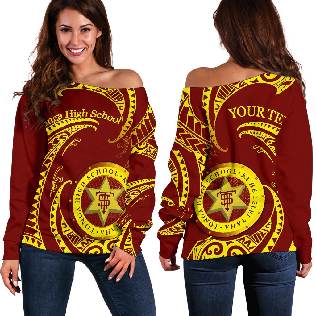 (Custom Personalised)Tonga High School Women's Off Shoulder Sweater Special Polynesian No.1 Brown - Polynesian Pride