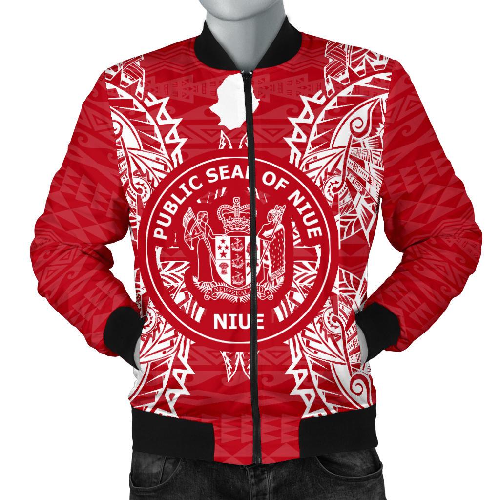Niue Polynesian Men's Bomber Jacket Map Red White Red - Polynesian Pride