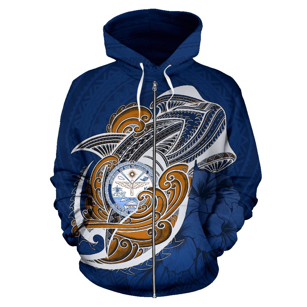 Marshall Islands All Over Zip up Hoodie Shark Coat of Arms Unisex Blue - Polynesian Pride