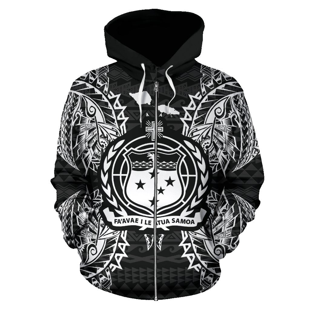 Samoa Polynesian All Over Zip up Hoodie Map Black - Polynesian Pride