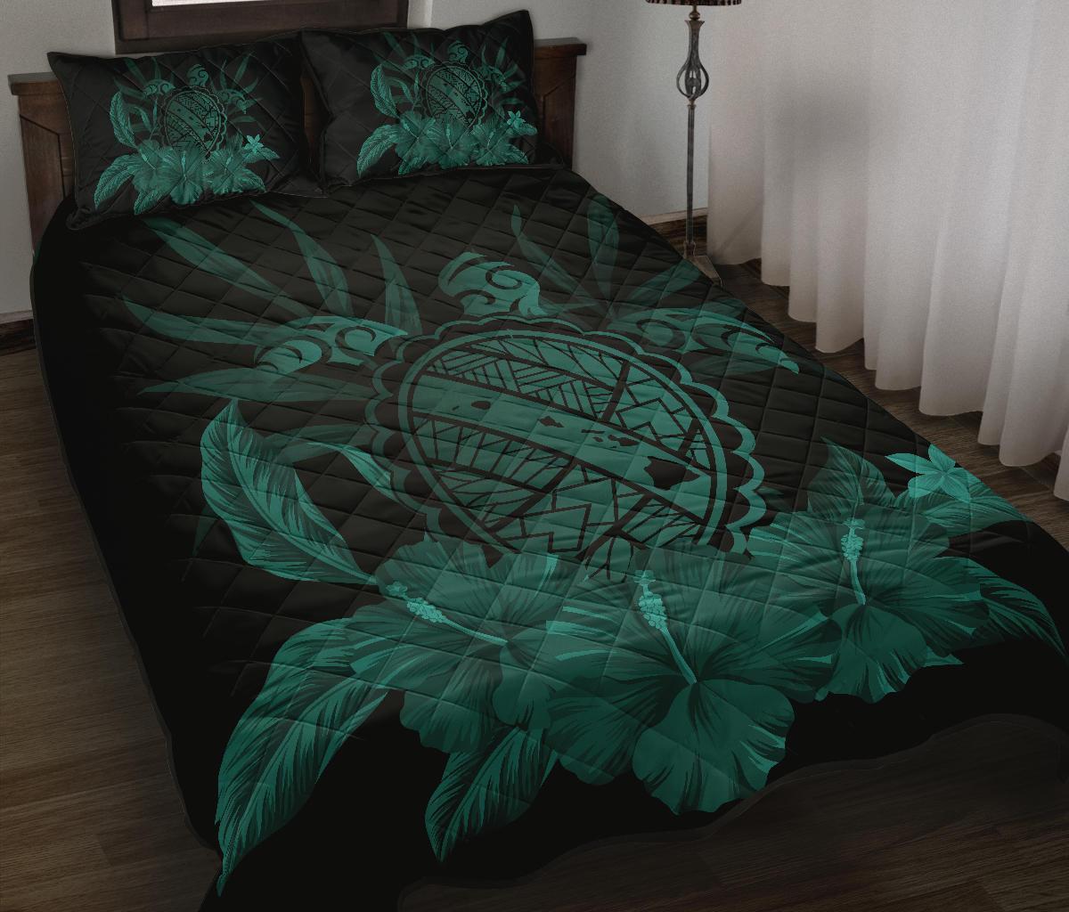Hawaii Turtle Map Hibiscus Quilt Bed Set - Turquoise - Polynesian Pride