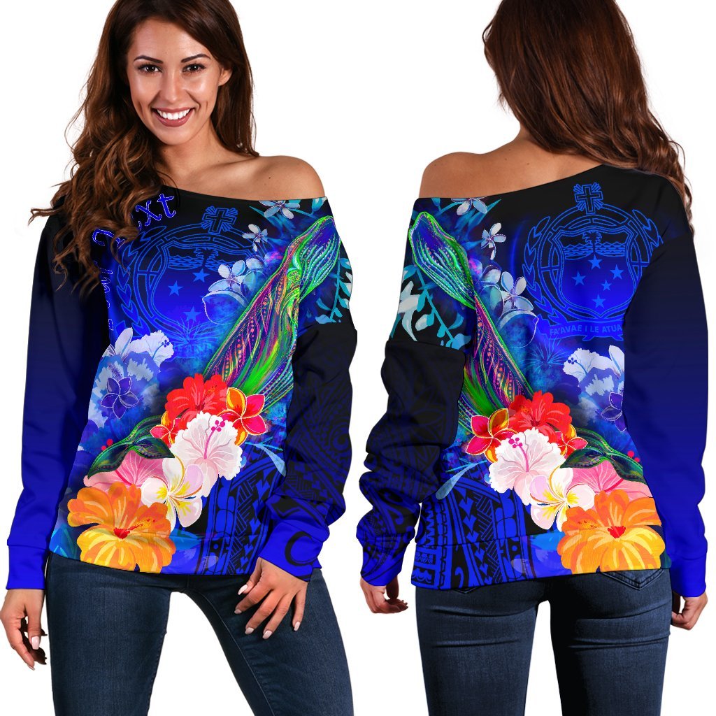 Custom Personalised Samoa Women's Off Shoulder Sweater - Humpback Whale with Tropical Flowers (Blue) Blue - Polynesian Pride