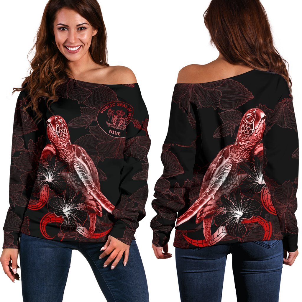 Niue Polynesian Women's Off Shoulder Sweater - Turtle With Blooming Hibiscus Red Red - Polynesian Pride