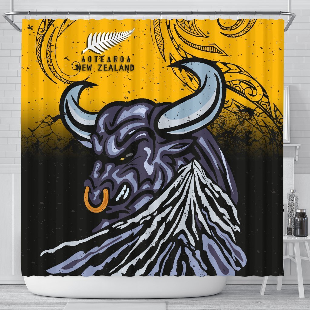 New Zealand Maori Shower Curtain Taranaki Bull 177 x 172 (cm) Yellow - Polynesian Pride