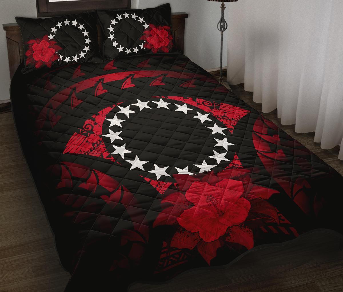 Cook Islands Polynesian Quilt Bed Set Hibiscus Red Black - Polynesian Pride