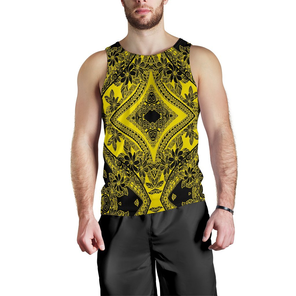 Polynesian Plumeria Mix Yellow Black Hawaii Men's Tank Top Yellow - Polynesian Pride