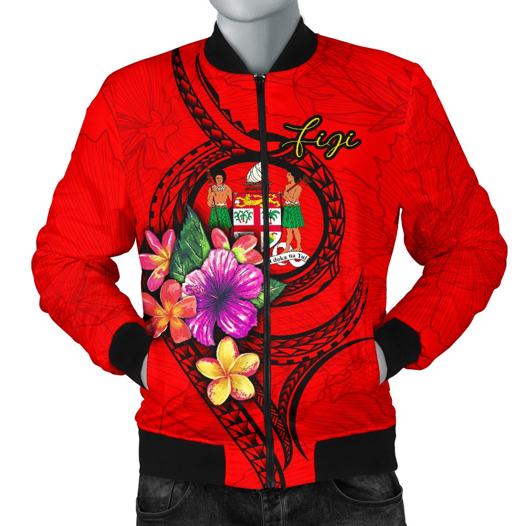 Fiji Polynesian Men's Bomber Jacket - Floral With Seal Red Red - Polynesian Pride