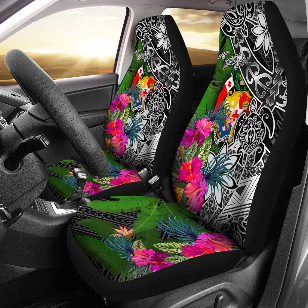 Tonga Car Seat Covers - Turtle Plumeria Banana Leaf Universal Fit Black - Polynesian Pride