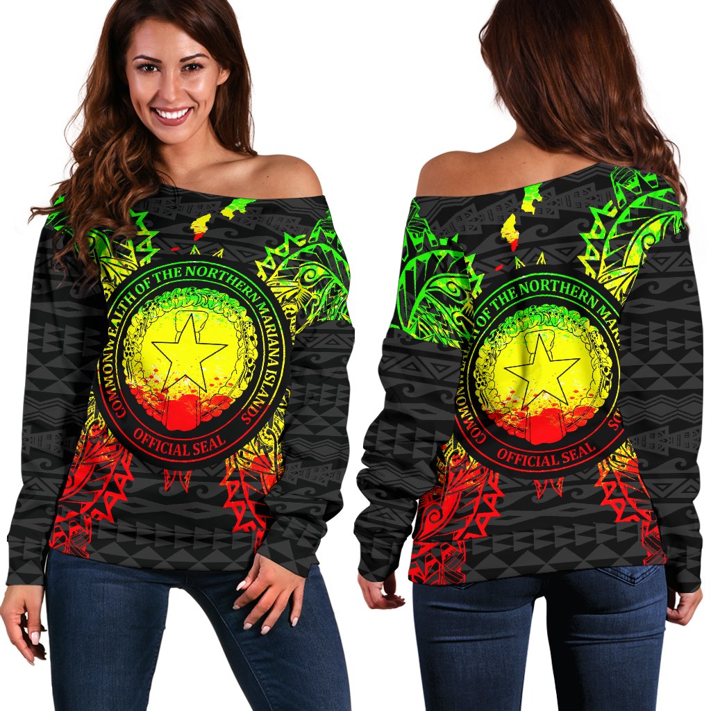 Northern Mariana Islands Polynesian Shoulder Sweater Map Reggae Art - Polynesian Pride