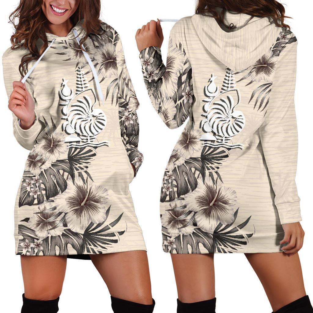 New Caledonia Hoodie Dress - New Caledonia Coat Of Arms & Beige Hibiscus White - Polynesian Pride