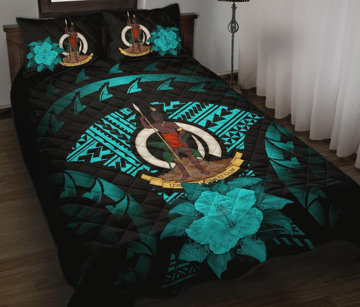 Vanuatu Polynesian Quilt Bed Set Hibiscus Turquoise Black - Polynesian Pride