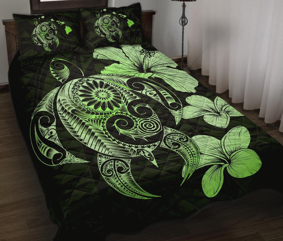 Hibiscus Plumeria Mix Polynesian Green Turtle Quilt Bed Set Green - Polynesian Pride