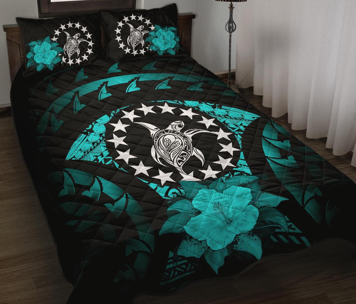 Cook Islands Polynesian Quilt Bed Set Hibiscus Turquoise Black - Polynesian Pride