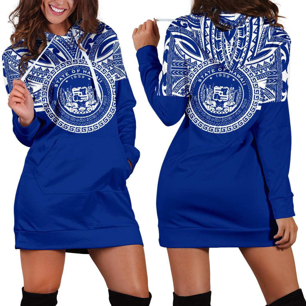 Hawaii Women Hoodie Dress - Hawaii Coat Of Arms Polynesian Flag Color Blue - Polynesian Pride