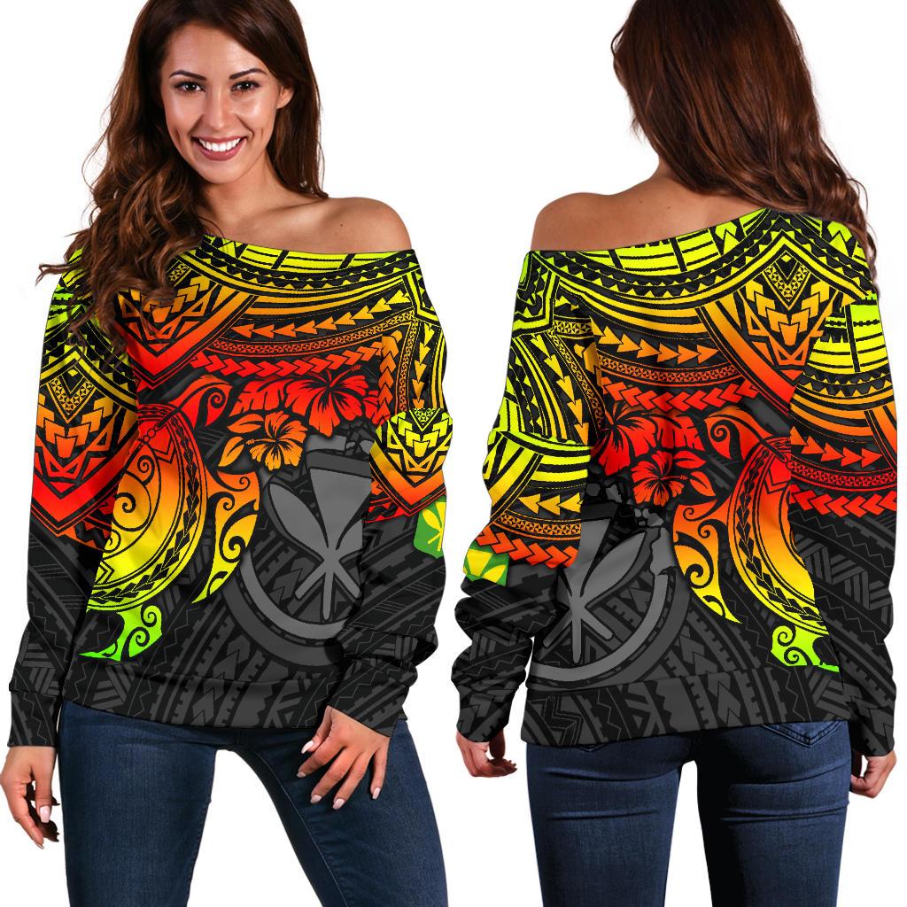 Polynesian Hawaii Women's Off Shoulder Sweater - Reggae Turtle RED - Polynesian Pride