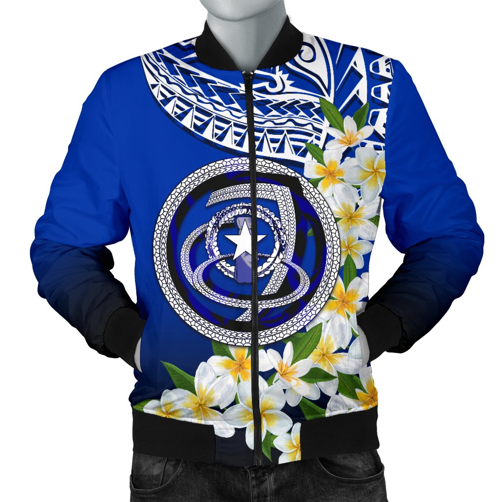 Northern Mariana Islands Men's Bomber Jacket - Polynesian Plumeria Pattern Blue - Polynesian Pride
