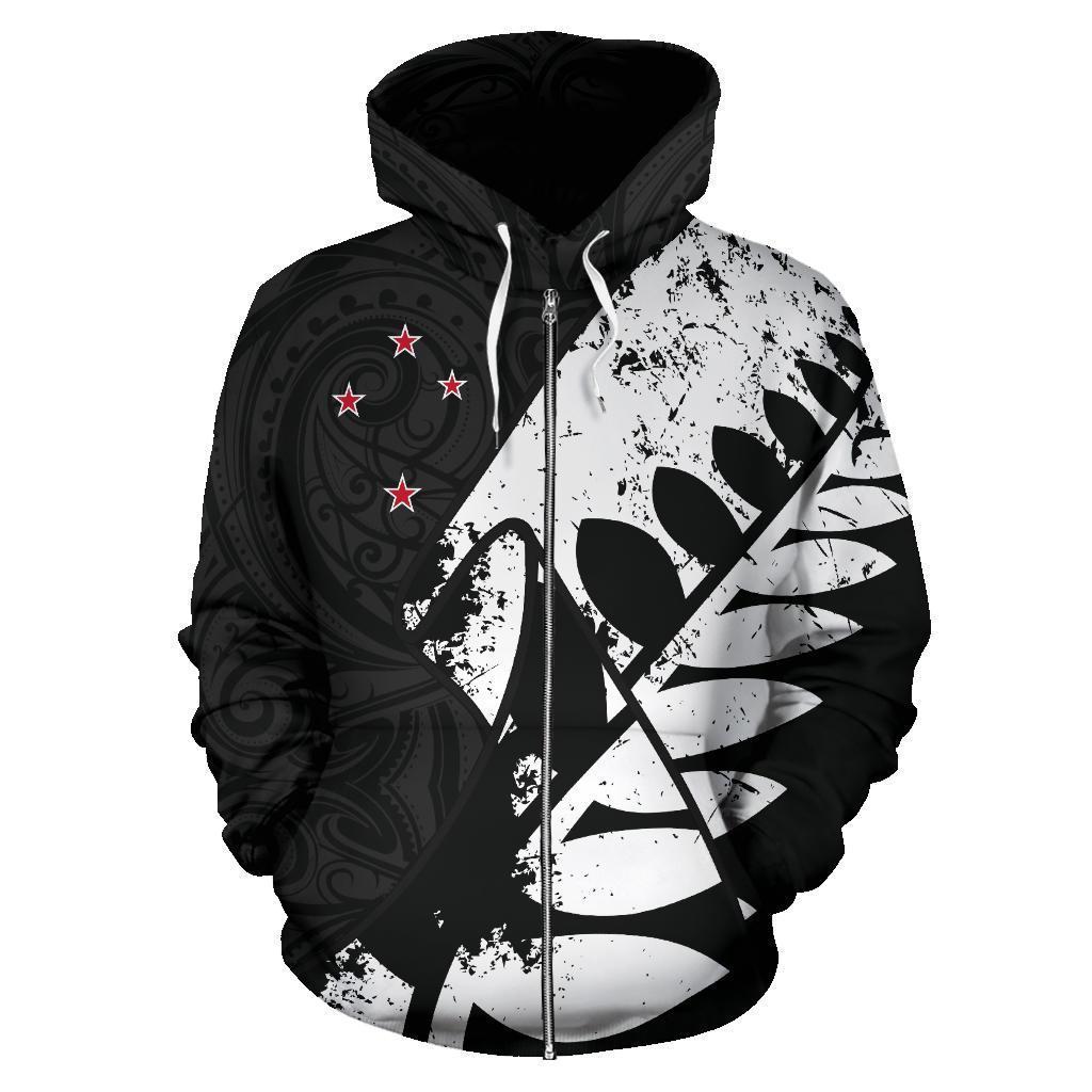 New Zealand Maori Zip Hoodie, Silver Fern Flag Full Zip Hoodie Unisex Black - Polynesian Pride