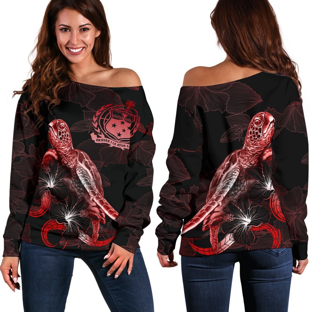 Samoa Polynesian Women's Off Shoulder Sweater - Turtle With Blooming Hibiscus Red Red - Polynesian Pride