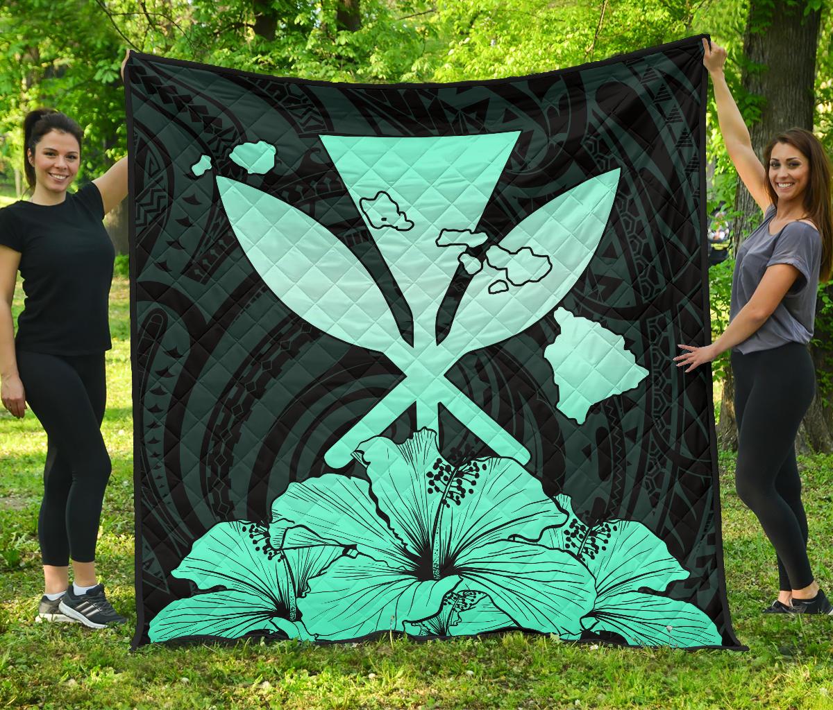 Hawaiian Kanaka Premium Quilt Hibiscus Polynesian Love Turquoise Turquoise - Polynesian Pride