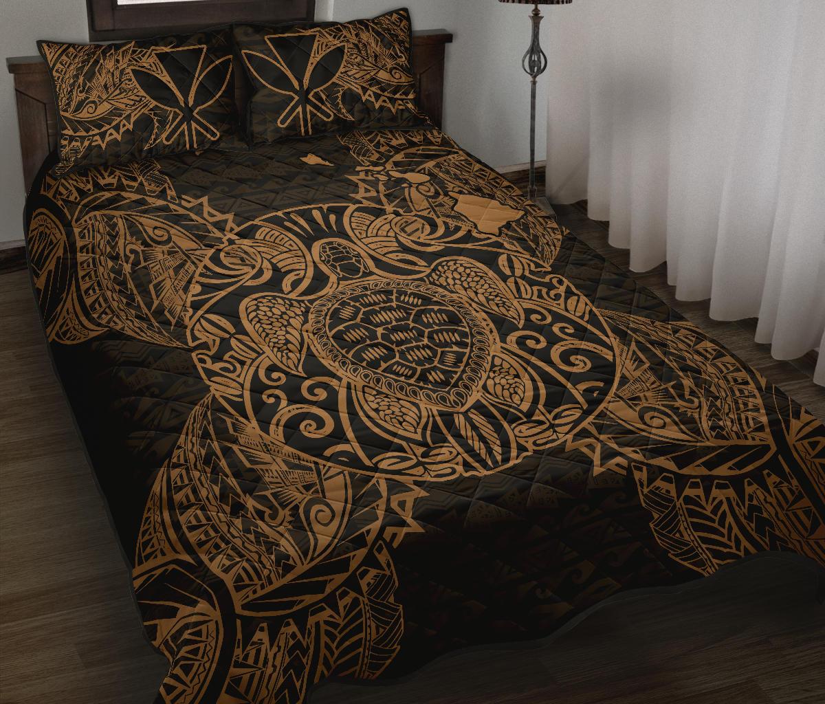 Hawaii Polynesian Quilt Bed Set - Hawaii Kanaka Maoli Map & Gold Turtle Gold - Polynesian Pride