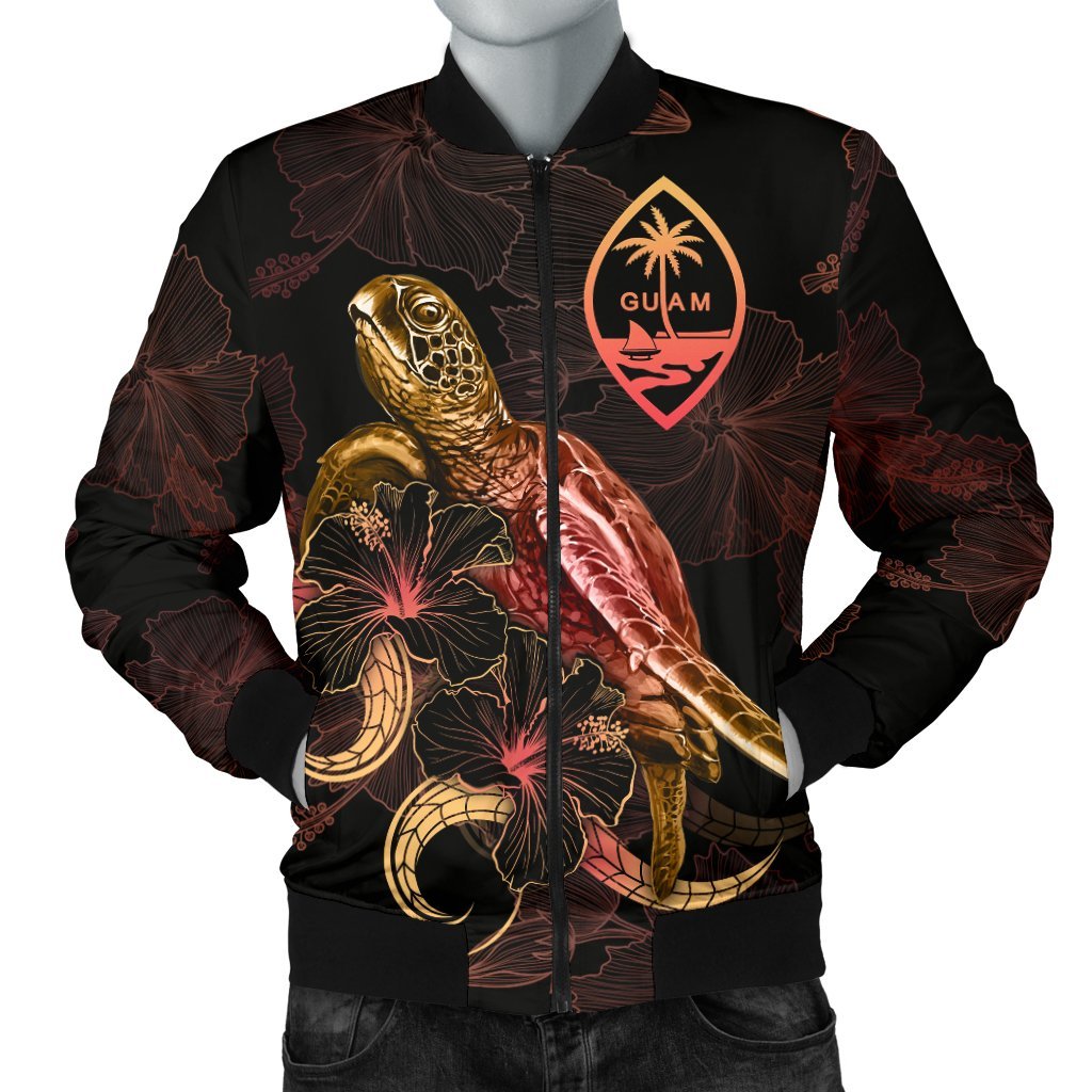 Guam Polynesian Men's Bomber Jacket - Turtle With Blooming Hibiscus Gold Gold - Polynesian Pride