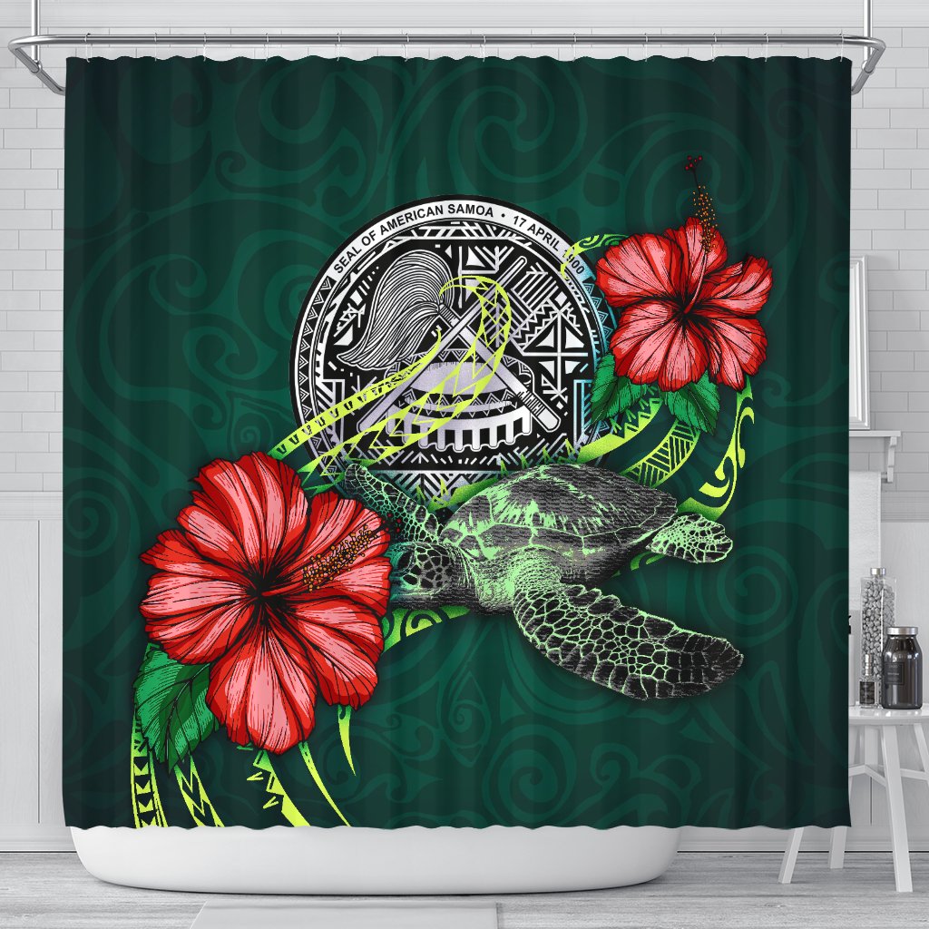 American Samoa Polynesian Shower Curtain - Green Turtle Hibiscus 177 x 172 (cm) Green - Polynesian Pride