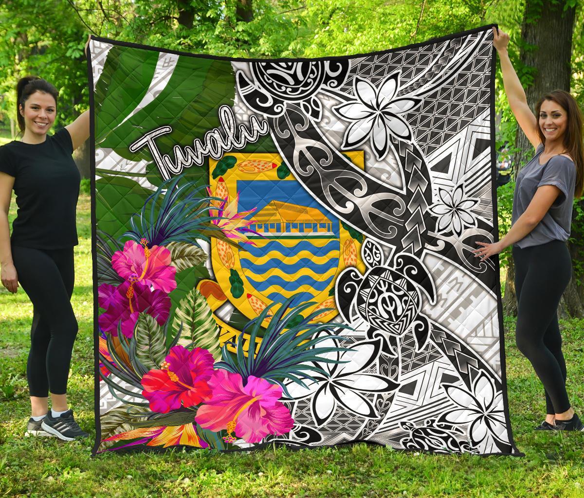 Tuvalu Premium Quilt White - Turtle Plumeria Banana Leaf - Polynesian Pride