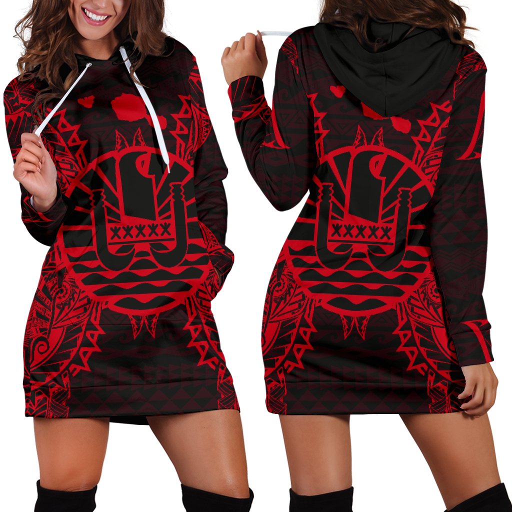 French Polynesia Polynesian Hoodie Dress Map Red Red - Polynesian Pride