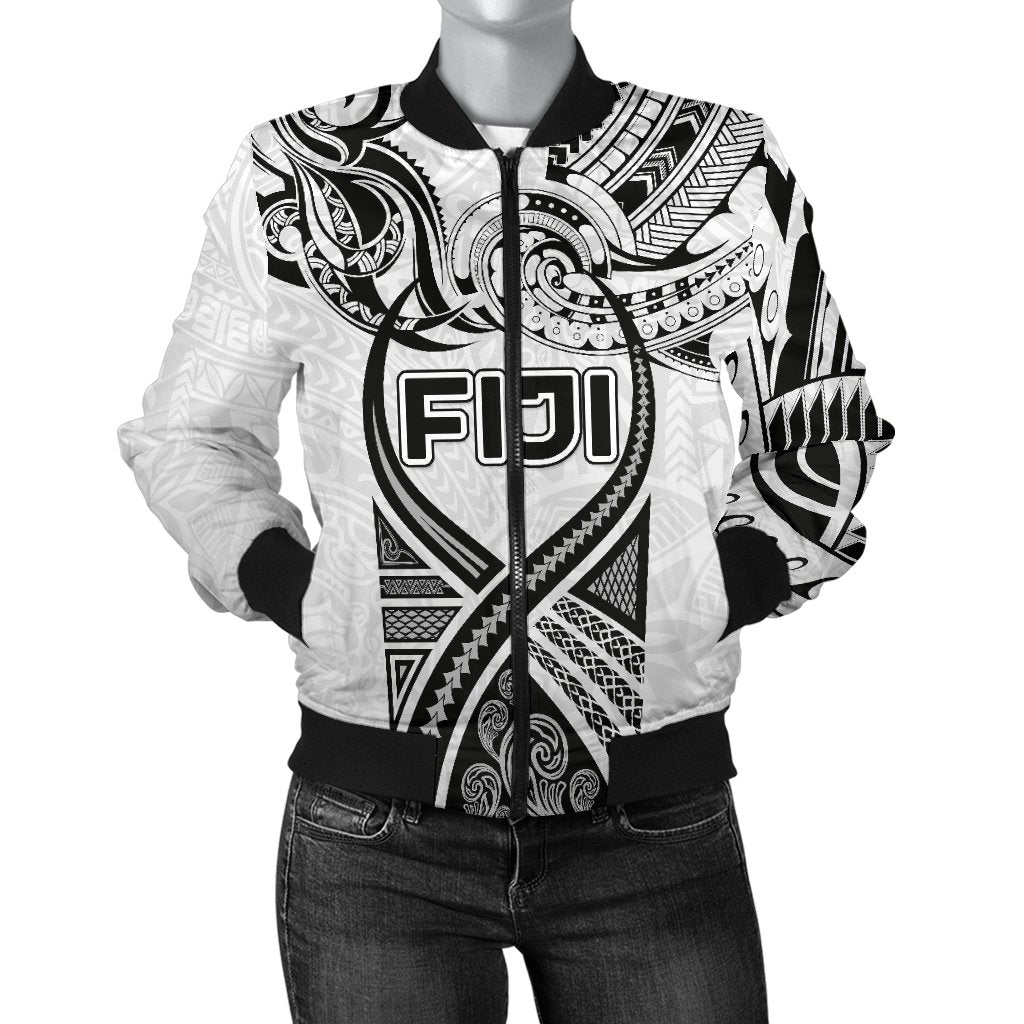 Fiji Rugby Women Bomber Jacket Polynesian Waves Style White - Polynesian Pride