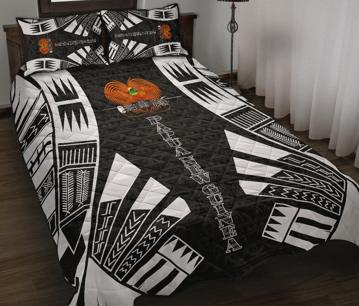 Papua New Guinea Quilt Bed Set - Papua New Guinea Coat Of Arms & Polynesian White Tattoo Style - Polynesian Pride