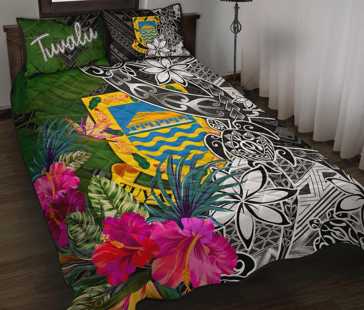 Tuvalu Quilt Bed Set - Turtle Plumeria Banana Leaf Black - Polynesian Pride