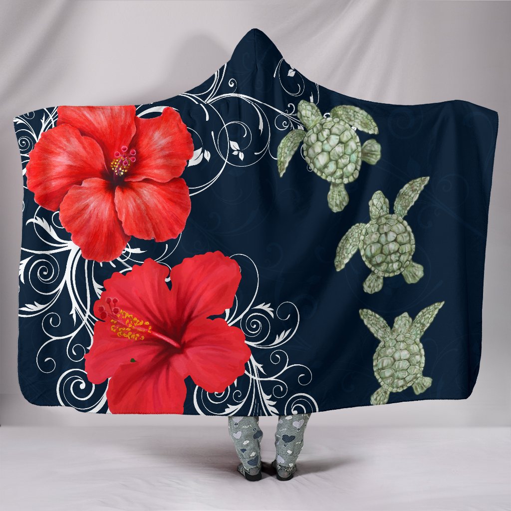 Hawaii Deep Blue Hibiscus Turtle Hooded Blanket - AH - Mike Style Hooded Blanket - Polynesian Pride