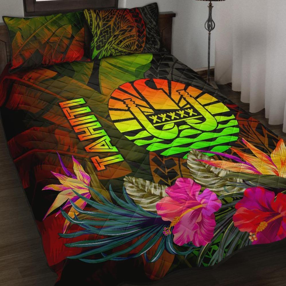 Tahiti Polynesian Quilt Bed Set - Hibiscus and Banana Leaves Art - Polynesian Pride