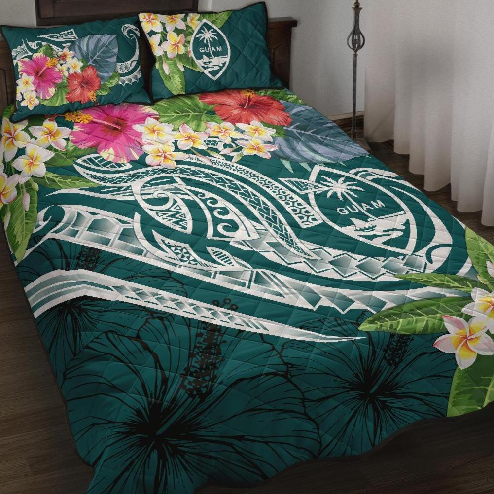 Guam Polynesian Quilt Bed Set - Summer Plumeria (Turquoise) Turquoise - Polynesian Pride