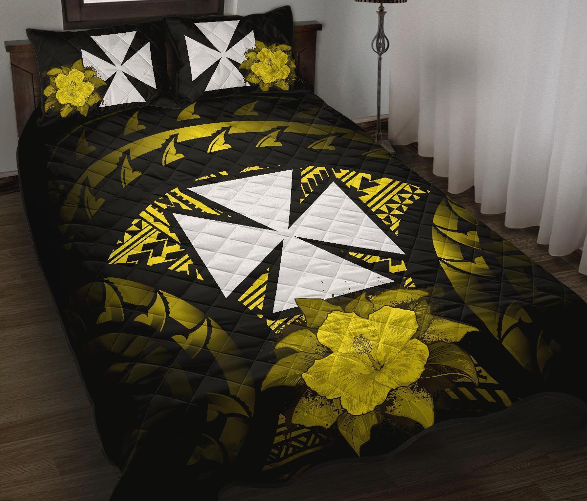 Wallis And Futuna Polynesian Quilt Bed Set Hibiscus Yellow Black - Polynesian Pride